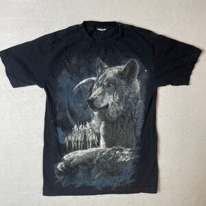 Wolf‎ Graphic T Shirt Mens Animals Nature Moon Stars Black Tee